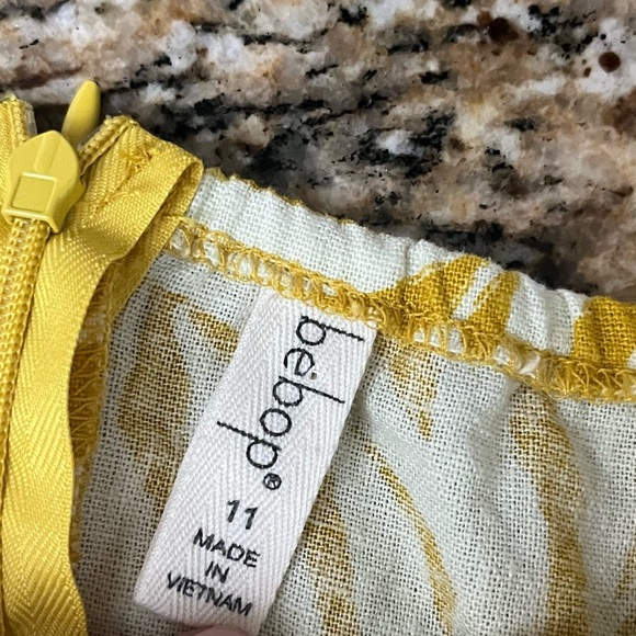 BEBOP Yellow Floral Linen Mini Dress – Hawaiian Boho Coastal Milkmaid Sundress L - Picture 9 of 10